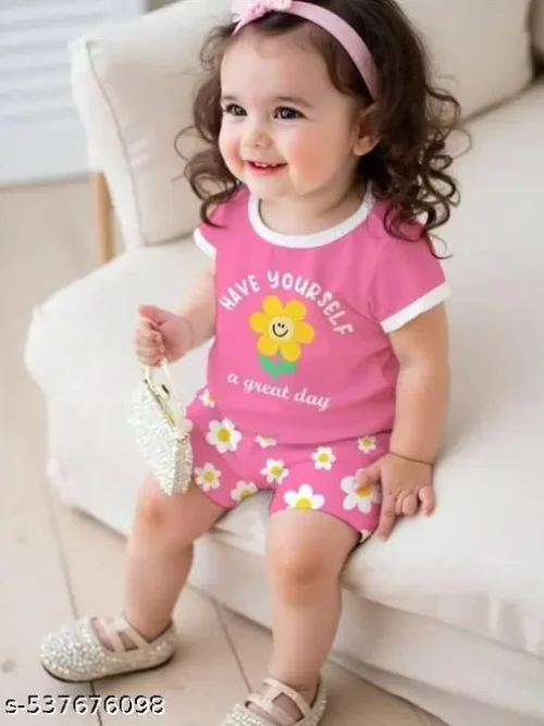 Stylish Baby Girls Cotton Co-ord Set | Pink Floral Printed Top & Shorts | 2 Months - 5 Years Kids Wear